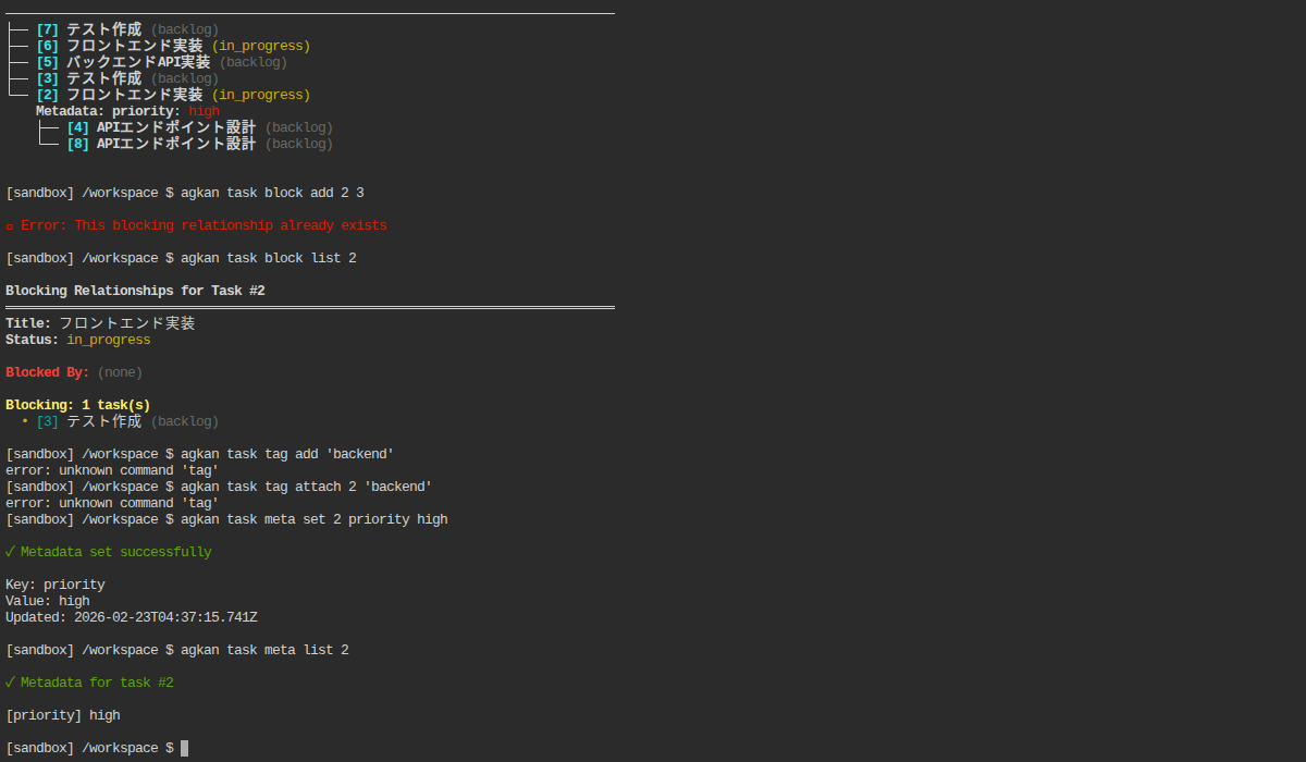 agkan task meta listコマンドでメタデータを確認している様子