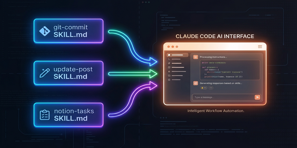 git-commit / update-post / notion-tasks の各SKILL.mdがClaude Code AIインターフェースに連携する構成図