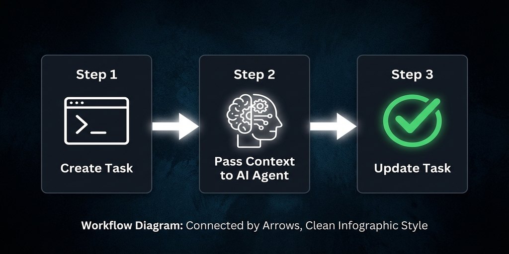 agkanのワークフロー概要図:タスク作成→AI Agentへのコンテキスト渡し→タスク更新