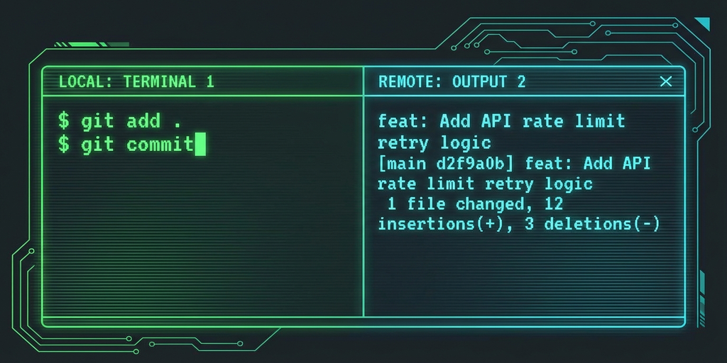 git addしてClaude Codeに/git-commitと入力すると、右パネルにConventional Commitsメッセージが自動生成される様子