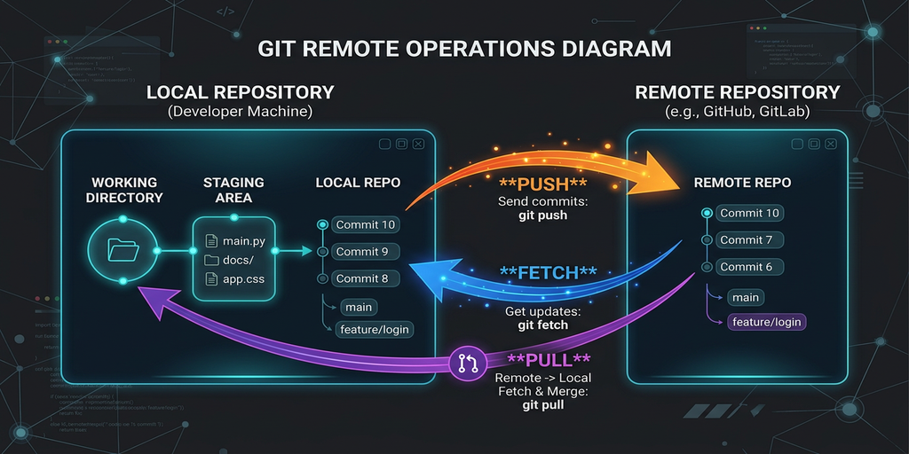fetch・pull・push の違いを示す図（ローカルとリモートのリポジトリ間）