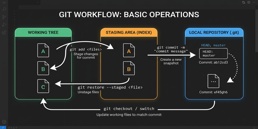 git ステージング概念図（ワーキングツリー・インデックス・リポジトリの流れ）