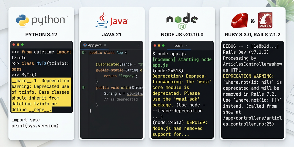 各言語のdeprecated警告メッセージ（Python・Java・Node.js・Rails）を並べた比較図