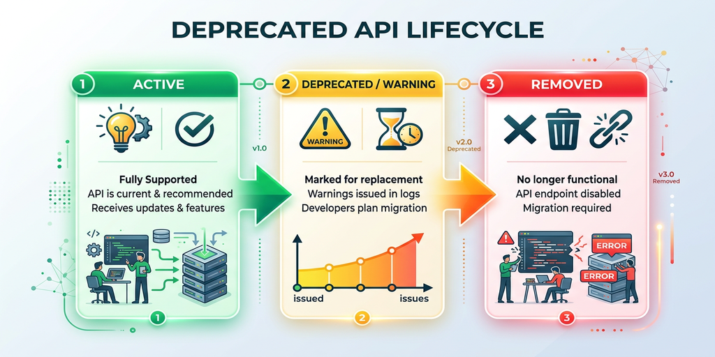 deprecated APIのライフサイクル図（現役→非推奨→削除の流れを示すタイムライン）