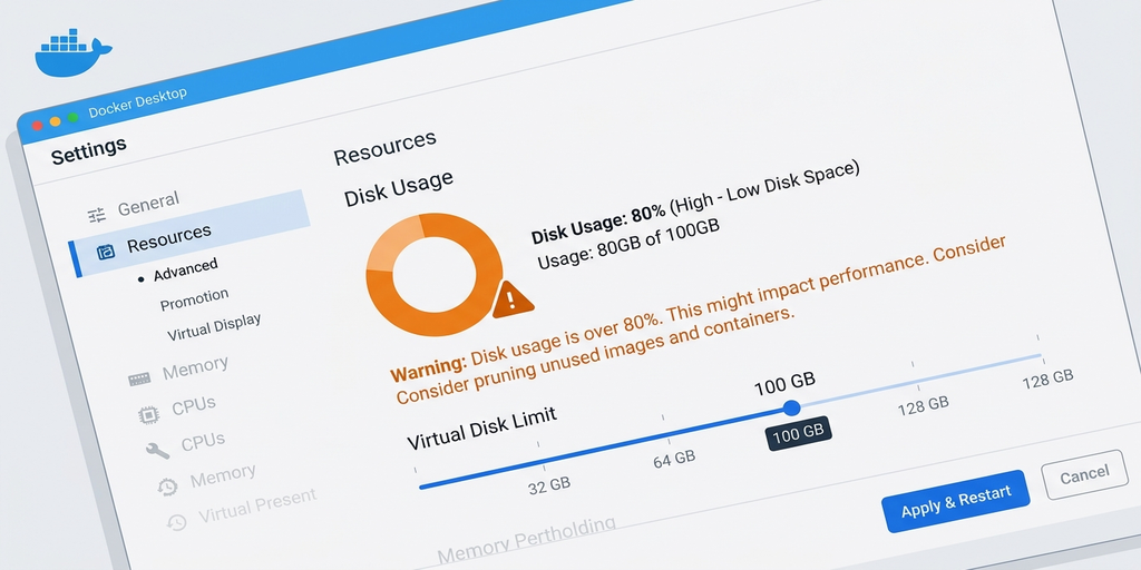 Docker Desktop設定画面でディスク使用量を確認する