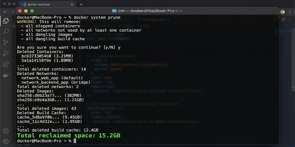 docker system pruneを実行して空き容量を回収している様子