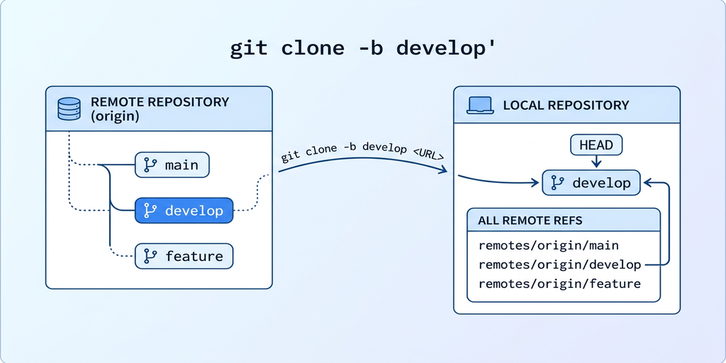 git clone -b の動作図。リモートの全ブランチが取得されるが、ローカルでは指定ブランチがチェックアウトされている