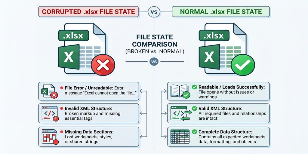 gitでExcelファイルが壊れた状態と正常な状態の比較