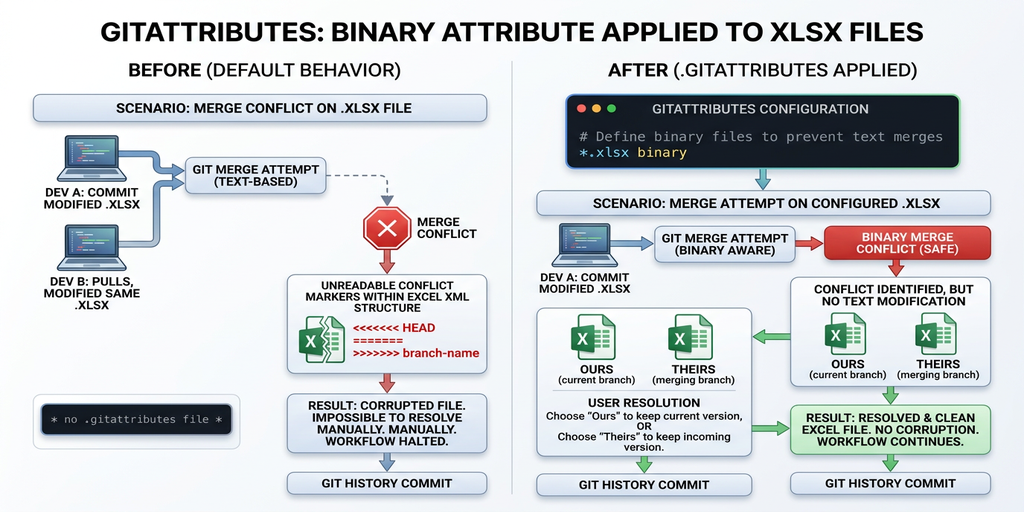 .gitattributes設定前後でのgitマージ動作の違い