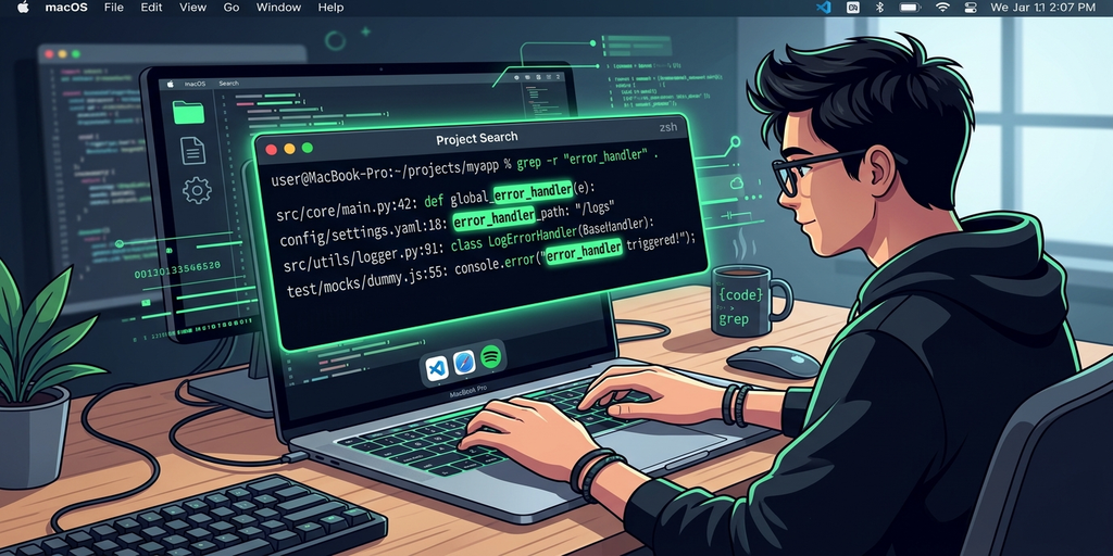 grepコマンドでターミナルからファイルを再帰検索しているシーン