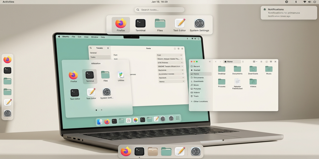 WhiteSurアイコンテーマとInterフォントを適用したUbuntuデスクトップ