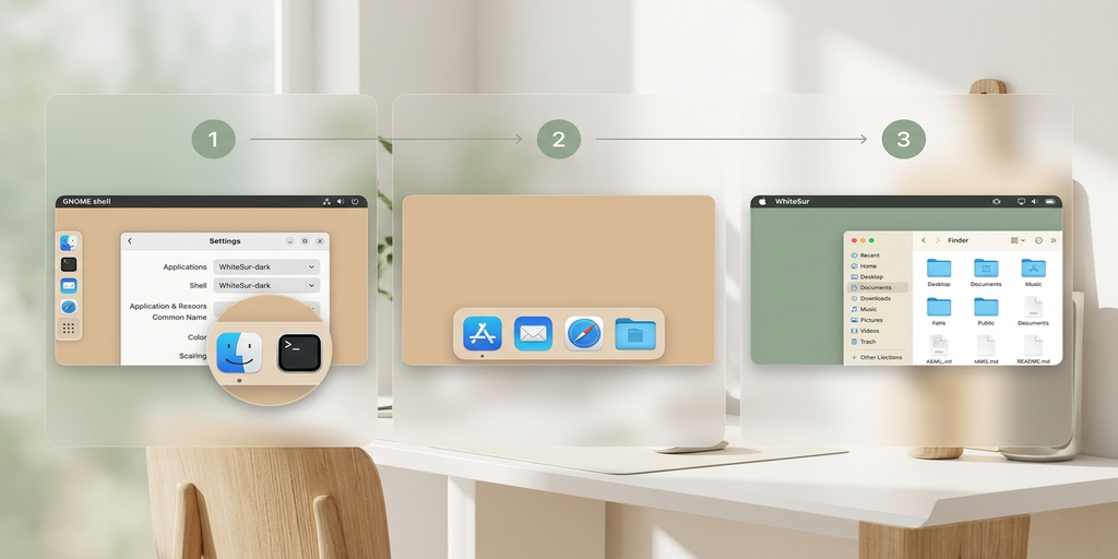 Ubuntu 24.04 LTSにWhiteSurテーマとPlankドックを適用した完成状態のデスクトップ