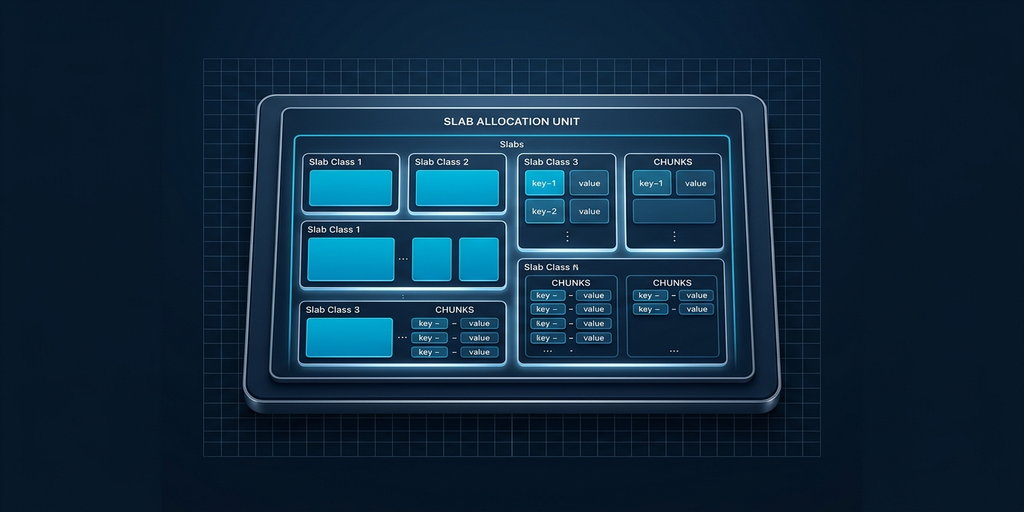 memcachedのスラブ構造図:データがslab1〜slabNに分散して保存されるイメージ