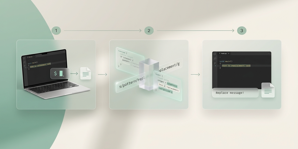 ターミナルでsedコマンドを実行してファイルを一括置換する様子