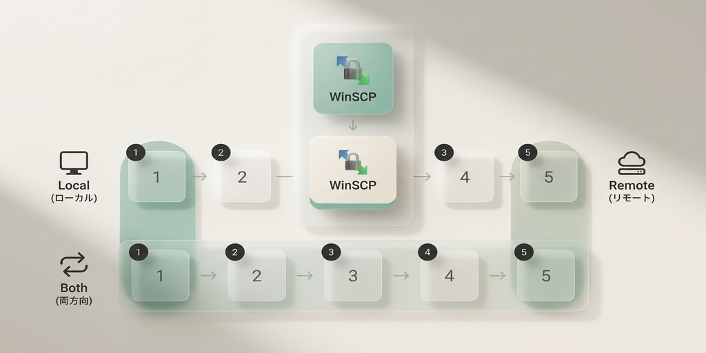 WinSCP自動同期の全体フロー図(スクリプト作成→実行→タスクスケジューラ登録の流れ)